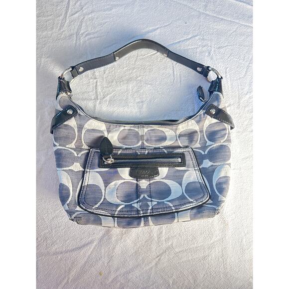 Coach Signature Jacquard Shoulder Bag Black Patent Trim - Picture 1 of 11